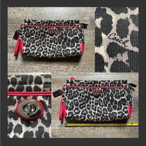 Coach wristlet clutch purse leopard print canvas style black red leather trim
